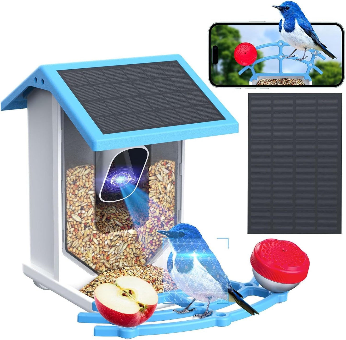 Smart Bird Feeder With Camera,Solar-Powered WiFi 4MP Live Camera,AI Identify Bird Species Auto Capture Garden Bird Watching&Motion Detection,Ideal Gift For Bird Lovers,Blue